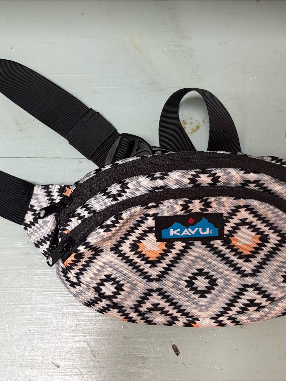 Kavu Geometric Waist Pack — Black, White & Peach Accent
